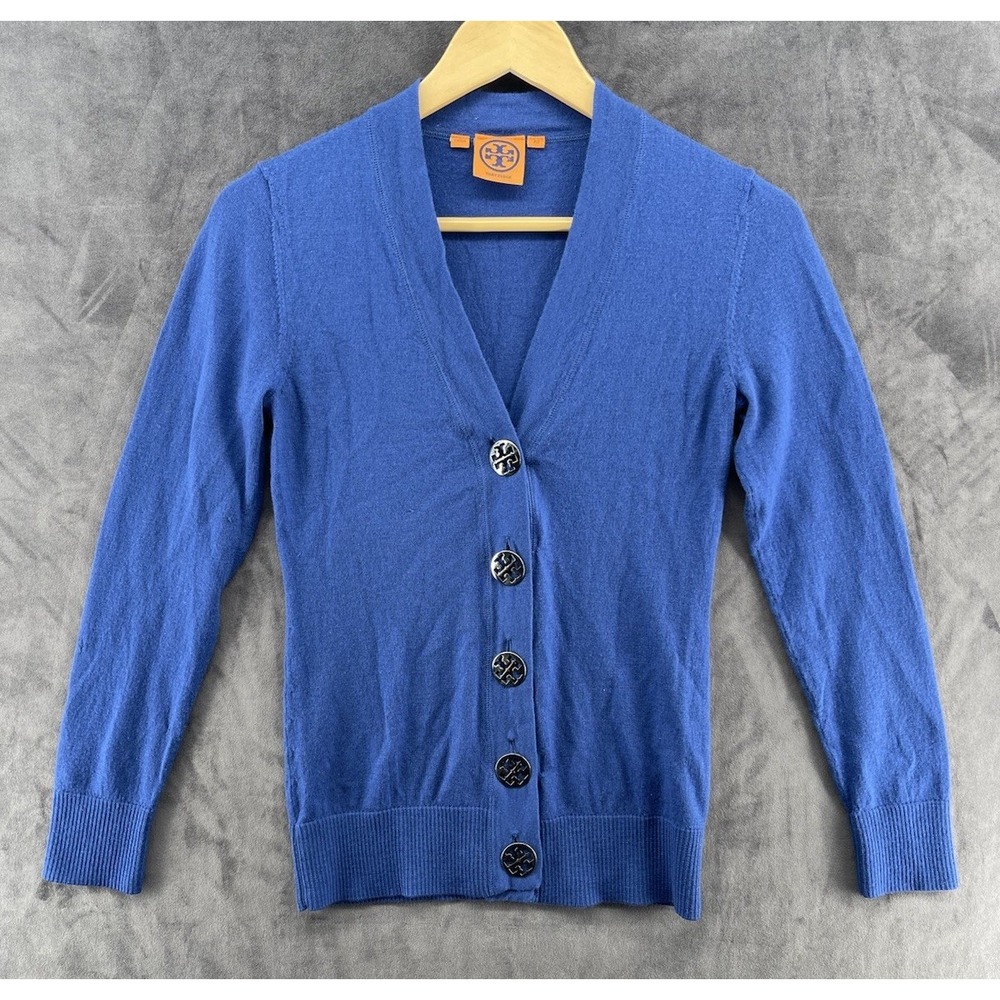 Tory Burch Women's Blue Button Front Cardigan Sweater XS Merino Wool Blend